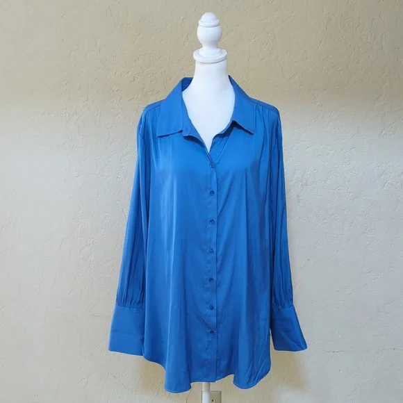Simply Vera Blue Long Sleeve Button Down Tunic Blouse Size XL - Picture 3 of 10